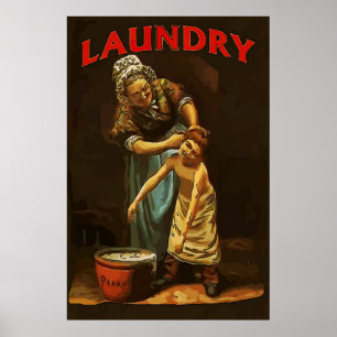 Laundry,Vintage Boy at Wash Tub. Poster