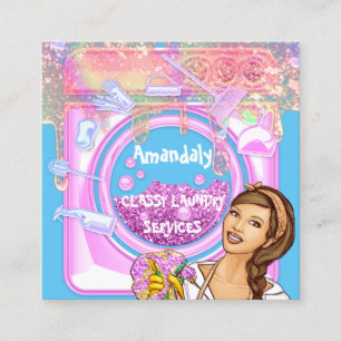 Laundry Washing Cleaning Services QRCode Blue Pink Square Business Card