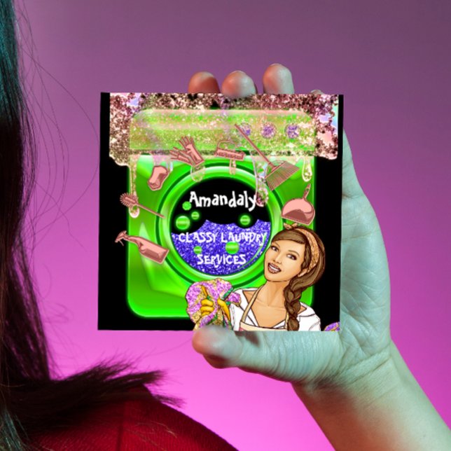 Laundry Washing Cleaning Services QRCode Green Square Business Card (Creator Uploaded)