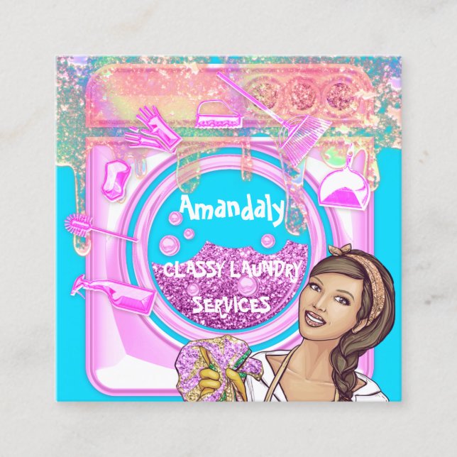 Laundry Washing Cleaning Services QRCode Logo Square Business Card (Front)