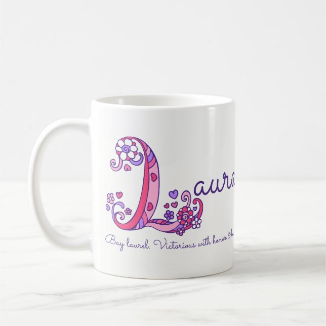 Laura name meaning heart flower L monogram mug (Left)