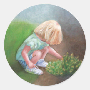 "Laura" oil painting-little girl picking flowers Classic Round Sticker