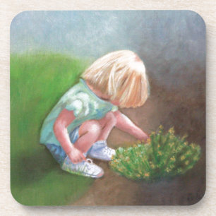 "Laura" oil painting-little girl picking flowers Coaster