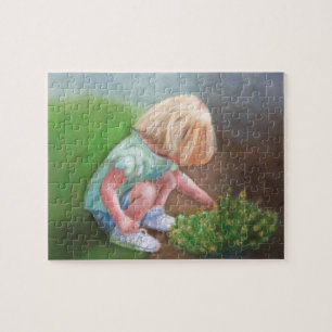 "Laura" oil painting-little girl picking flowers Jigsaw Puzzle