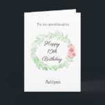 Laurel and Flowers 15th Birthday Granddaughter Card<br><div class="desc">A watercolor floral Happy 15th Birthday granddaughter card, which you will be able to easily personalize the front with her name. The inside message of this pretty birthday card reads a heartfelt message, which you can also personalize if you wanted. The back has the same watercolor laurel with pink flowers...</div>