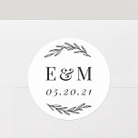 Laurel Branch Monogram Wedding Favor Classic Round Sticker<br><div class="desc">Custom-designed wedding favor sticker/label featuring hand-drawn rustic laurel design. Personalize with bride and groom/couple's initials and wedding date.</div>