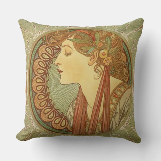 Laurel by Alphonse Mucha Cushion (Front)