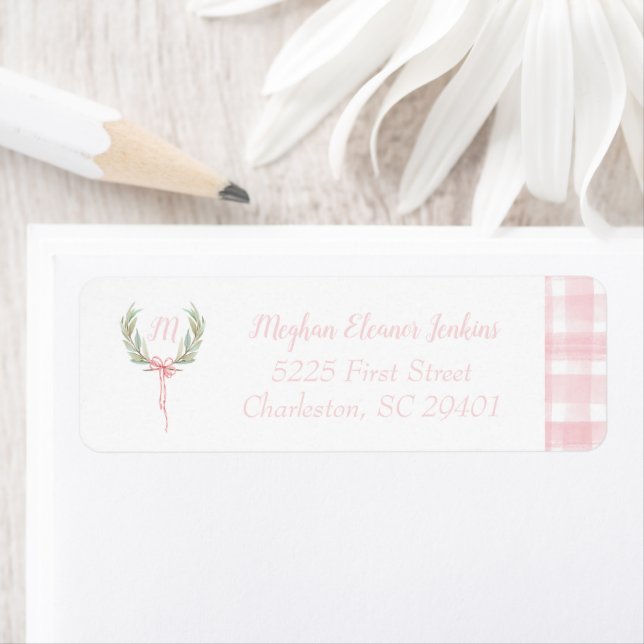 Laurel Crest Initial Pink Gingham Return Address Label (Insitu)