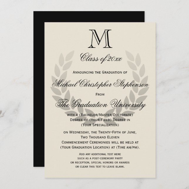 Laurel Crest Monogram Classic College Graduation I Invitation (Front/Back)