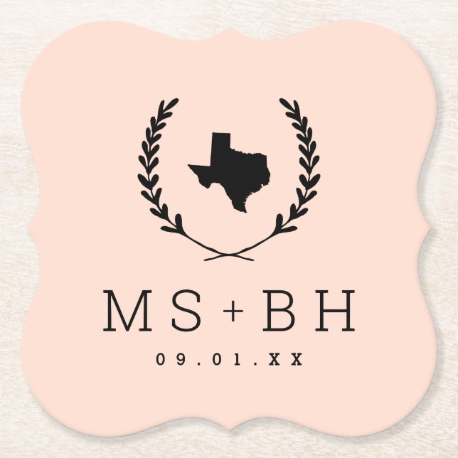 Laurel Crest Texas Wedding Monogram | Blush Paper Coaster (Front)