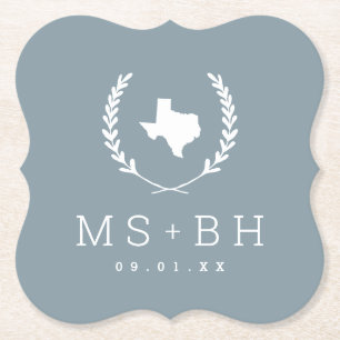 Laurel Crest Texas Wedding Monogram Dusty Blue Paper Coaster