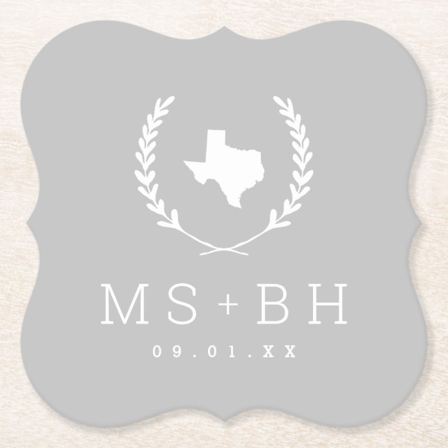 Laurel Crest Texas Wedding Monogram | Grey Paper Coaster (Front)