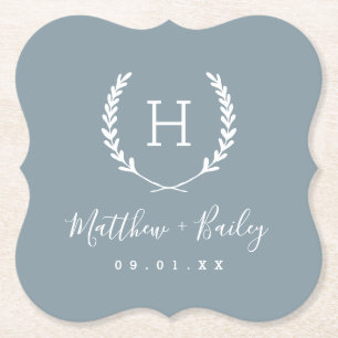 Laurel Crest Wedding Monogram Dusty Blue Paper Coaster