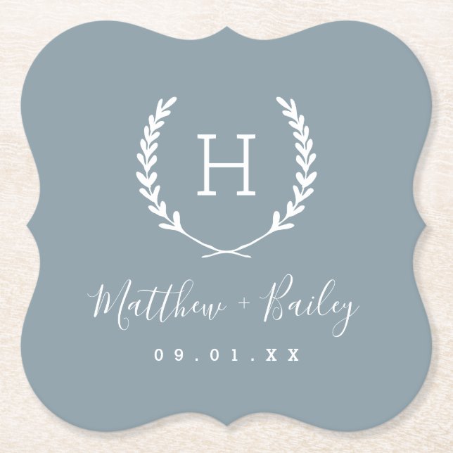 Laurel Crest Wedding Monogram | Dusty Blue Paper Coaster (Front)