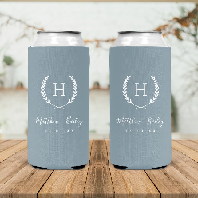 Laurel Crest Wedding Monogram | Dusty Blue Seltzer Can Cooler (Creator Uploaded)