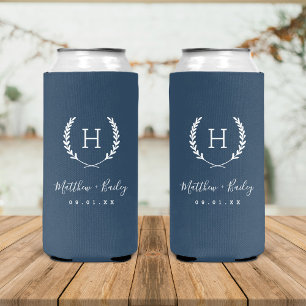 Laurel Crest Wedding Monogram   Lake Blue Seltzer Can Cooler