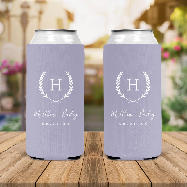 Laurel Crest Wedding Monogram | Lilac Seltzer Can Cooler (Creator Uploaded)