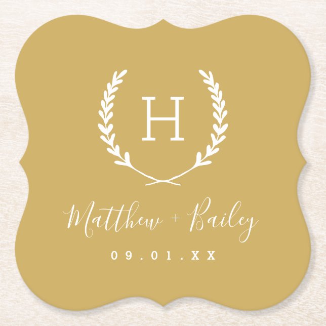 Laurel Crest Wedding Monogram | Mustard Yellow Paper Coaster (Front)