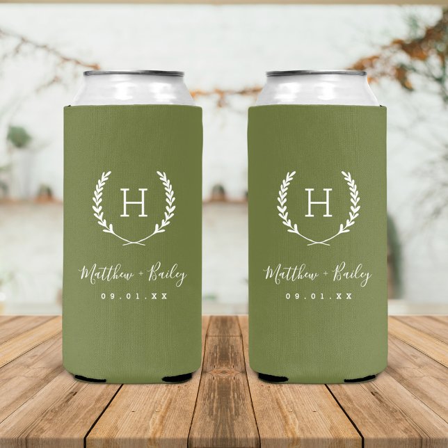 Laurel Crest Wedding Monogram | Olive Green Seltzer Can Cooler (Creator Uploaded)