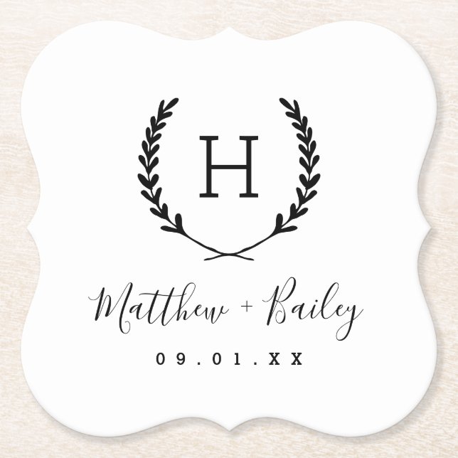 Laurel Crest Wedding Monogram Paper Coaster (Front)