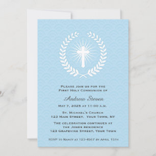 Laurel, Cross, Blue, First Communion Invitation