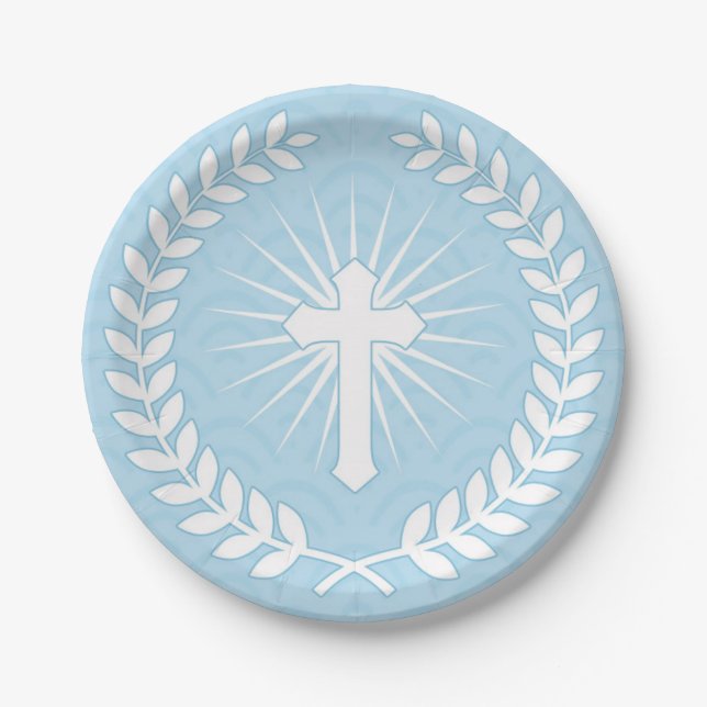 Laurel, Cross, Blue Religious Paper Plate (Front)