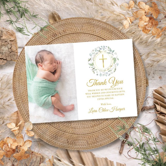 Laurel Floral Baptism, Christening Photo Thank You Card (Laurel Floral Baptism, Christening Photo Thank You Card)