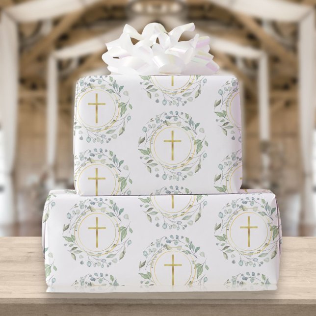 Laurel Garland Christian Gold Cross Wrapping Paper (Creator Uploaded)