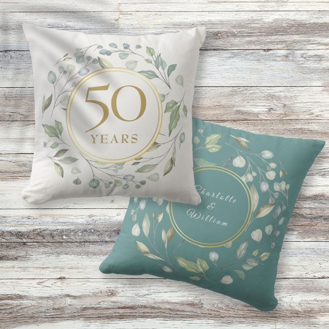 Laurel Garland Faux Gold 50 Wedding Anniversary Cushion (Laurel Garland Faux Gold 50 Wedding Anniversary Throw Pillow)