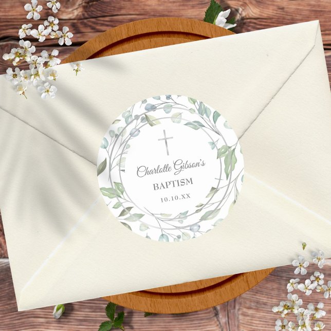 Laurel Garland Faux Silver Baptism Christening Classic Round Sticker (Creator Uploaded)