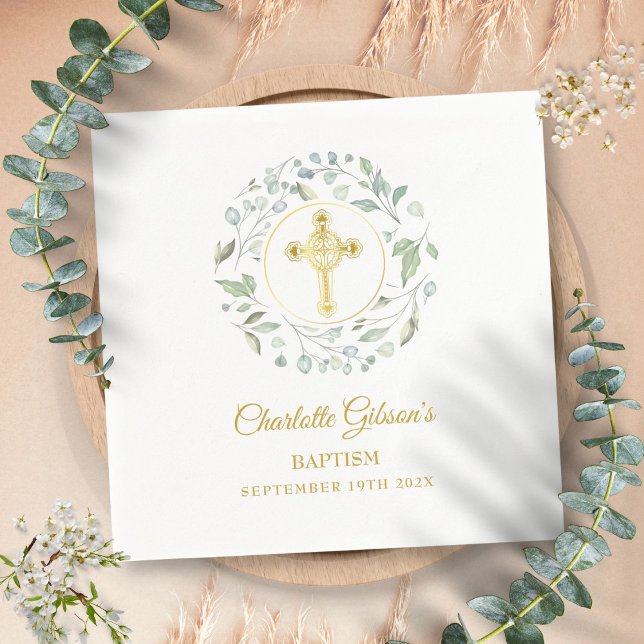 Laurel Garland Gold Cross Baptism Christening Napkin (Laurel Garland Gold Cross Baptism Christening Napkins)