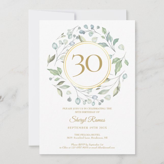 Laurel Garland Gold Monogram 30th Birthday Invitation (Front)