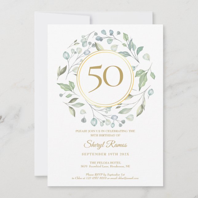 Laurel Garland Gold Monogram 50th Birthday Invitation (Front)