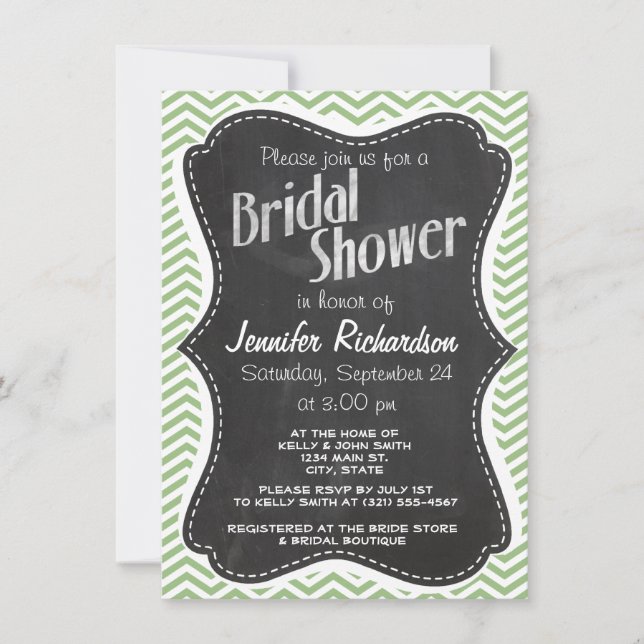 Laurel Green Chevron Stripes; Chalkboard look Invitation (Front)