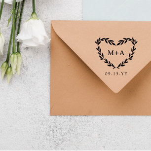 Laurel Heart Wreath Initials & Wedding Date Rubber Stamp