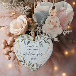 Laurel Leaf Baby's First Christmas Photo Ceramic Ornament<br><div class="desc">Celebrate your little one's first Christmas with this charming holiday ornament. Sweet heart-shaped design features "baby's first Christmas" along with baby's name and the year,  surrounded by a faux gold foil border accented with green winter leaves. Add a photo to the back.</div>