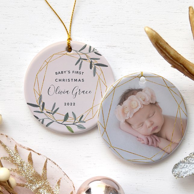 Laurel Leaf Baby's First Christmas Photo Ceramic Ornament (Creator Uploaded)