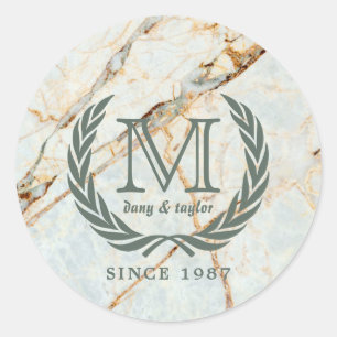 Laurel Leaf Classic Monogram Beautiful Marble Round Sticker