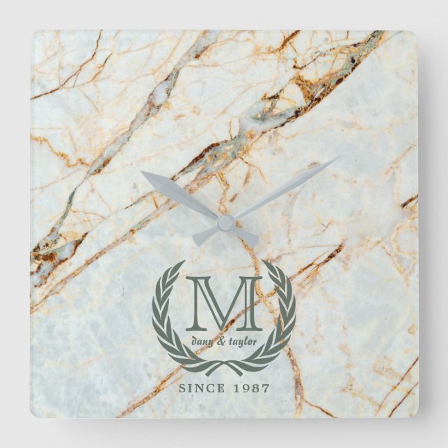 Laurel Leaf Classic Monogram Beautiful Marble Square Wall Clock (Front)