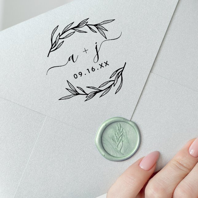 Laurel Leaf Couples Monogram Save The Date Rubber Stamp (Laurel Leaf Script Couples Monogram Save The Date Rubber Stamp)