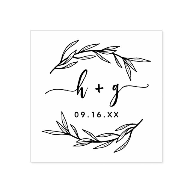 Laurel Leaf Couples Monogram Save The Date Rubber Stamp (Imprint)