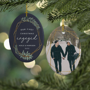 Laurel Leaf First Engaged Christmas Photo Ceramic Ornament