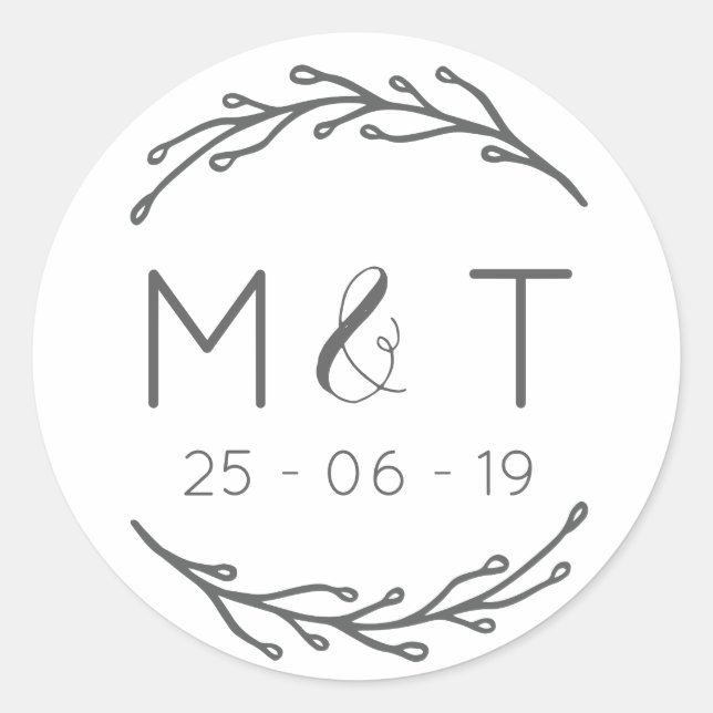 Laurel Leaf Initials & Date Wedding Stickers (Front)