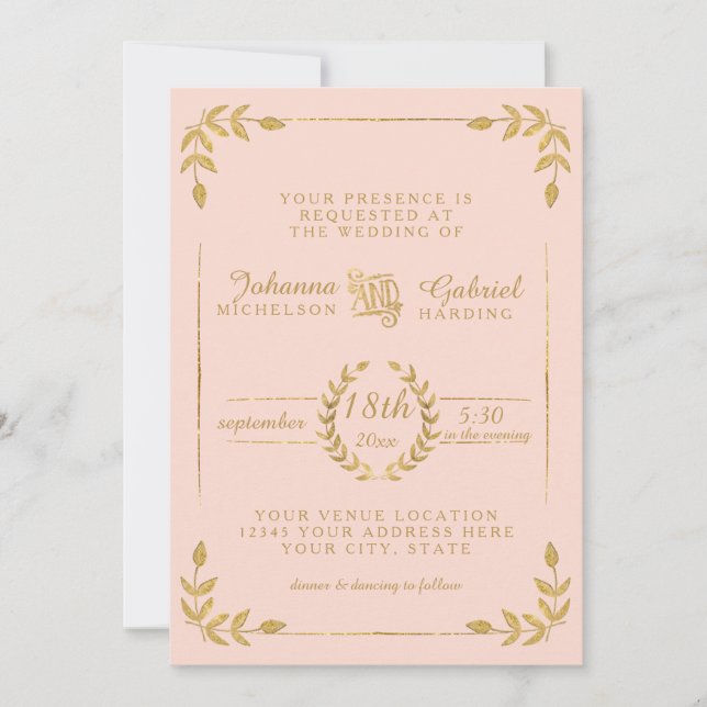 Laurel Leaf Modern Typography Blush Gold Wedding Invitation (Front)