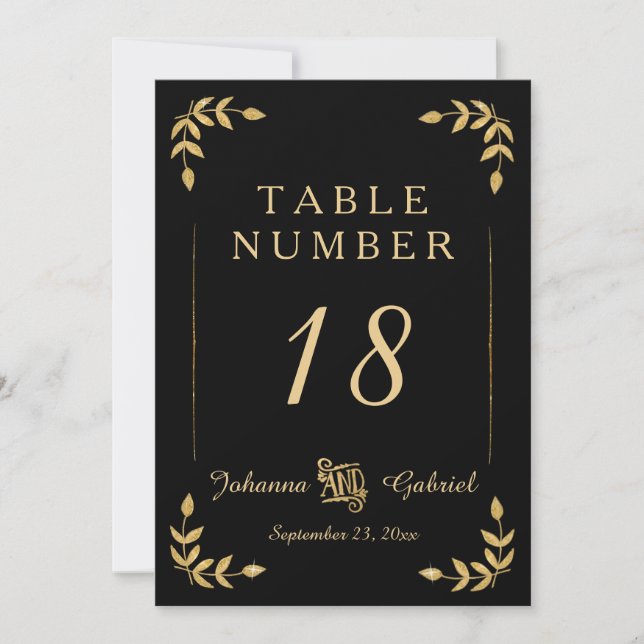 Laurel Leaf Typography Black Gold Table Numbers (Front)