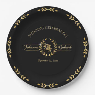 Laurel Leaf Wreath Wedding Celebration Black Gold Paper Plate