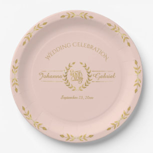 Laurel Leaf Wreath Wedding Celebration Blush Gold Paper Plate