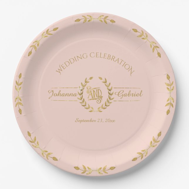 Laurel Leaf Wreath Wedding Celebration Blush Gold Paper Plate (Front)