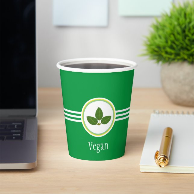 Laurel Leaves, Vegan Text & Three Stripes on Green Paper Cups (Insitu)