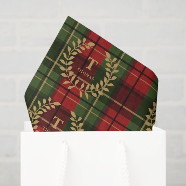 Laurel Monogram On Red And Green Christmas Plaid Tissue Paper (Gift Bag)
